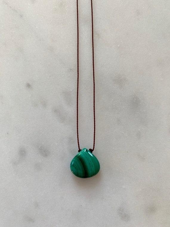 MALACHITE GEM Drop Healing NECKLACE w/ Polished Drop Bead on Nylon Cord// Layering Necklace/ Healing Necklace/ Heart Chakra// Malachite