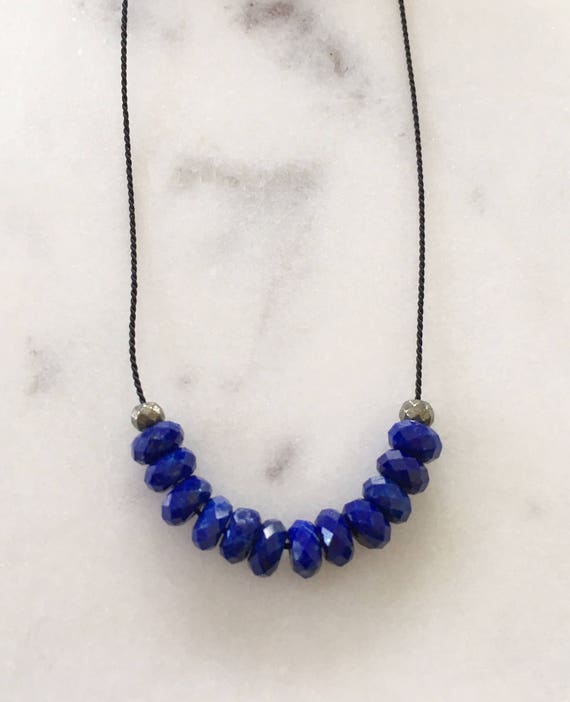 Lapis Lazuli GEM DROP Healing NECKLACE w/ Faceted Lapis and Pyrite Beads on Silk Cord// Layering Necklace/ Healing Necklace/ Petite Necklace