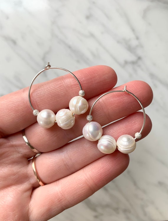 PEARL w/ Sterling Stardust Beads + Silver Hoop Earrings/ Hoops/ Trendy Hoops// Beaded Earrings/ Nautical// JUNE Birthstone