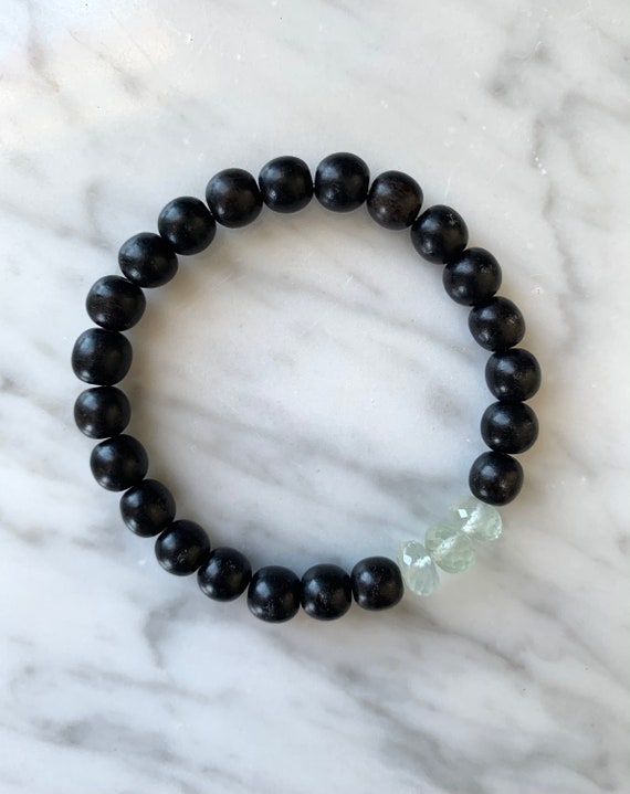 Beautiful Faceted PREHNITE Healing Beads w/Ebony Wood Beaded Bracelet// Healing Bracelet// Stacking Bracelet/ Quality Prehnite// Heart Stone