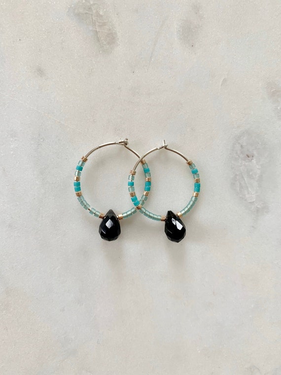 Turquoise + Gold Glass Beaded + Dangle Black OBSIDIAN Sterling Silver HOOP Earrings/ Earrings/ Hoop Earrings/ Trendy Hoops/ Beaded Hoops