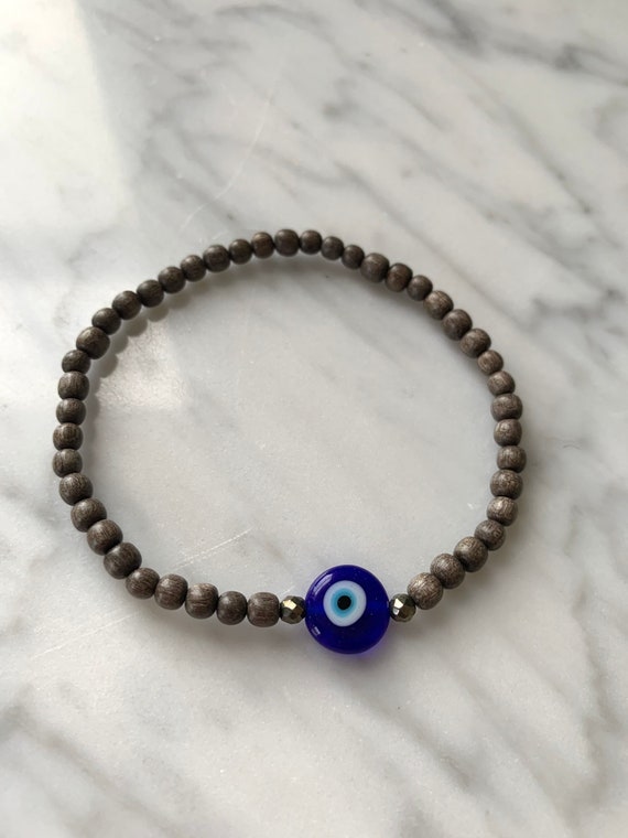 Itty Bitty Cobalt Blue Glass EVIL EYE + Pyrite Healing Bracelet w/Gray Wood Beads//Healing Bracelet// Evil Eye Bracelet// Protection Jewelry