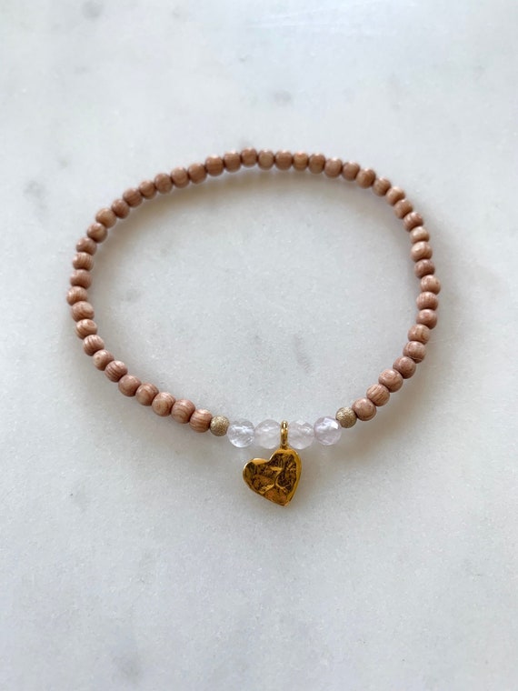 Stunner Collection> Rose QUARTZ Healing Beads + Gold Vermeil Heart Charm w/ Rose Wood Beads// Healing Bracelet// Charm Bracelet/ Love Stones