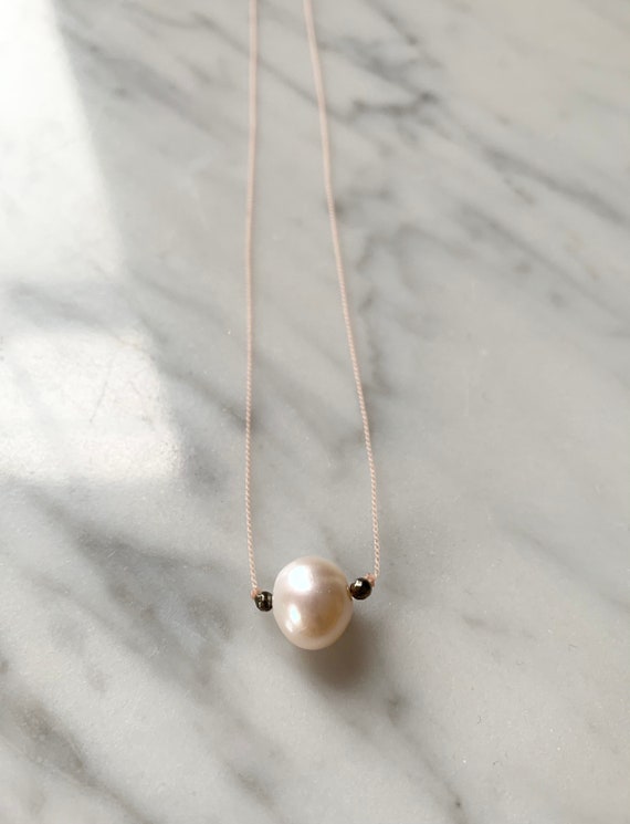 Natural PEARL + Pyrite Gem Drop HEALING Necklace on Nylon Cord w/Sterling Clasp/ Layering Necklace/ Healing Necklace/ JUNE Birthstone/ Pearl
