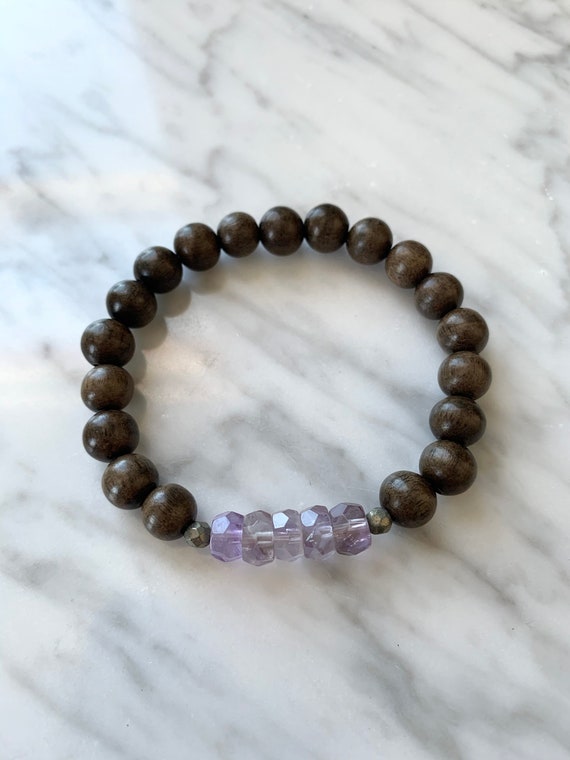 Stunning Faceted AMETHYST + PYRITE Healing Beads w/Gray Wood Beaded Bracelet// Stacking Bracelet// Statement Bracelet// FEBRUARY Birthstone