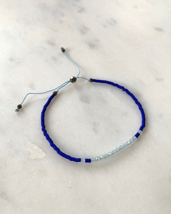 GODDESS Collection> BLUE CHALCEDONY Healing Beads w/Matte Royal Blue Glass Beads/ Adjustable Nylon Bracelet/Layering/ Pop of Color