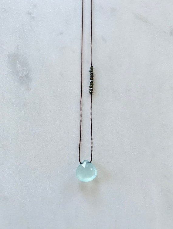 Blue CHALCEDONY GEM Drop Healing NECKLACE w/Faceted Blue Chalcedony + Pyrite on Silk Cord w/Sterling Clasp/ Layering Necklace/ Healing