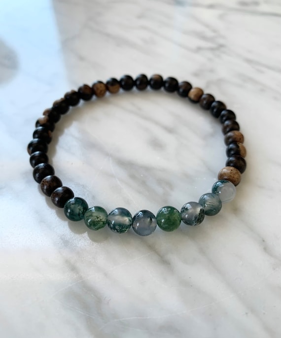 Polished Moss AGATE Healing Bracelet w/Tiger Ebony Wood Beads// Healing Bracelet//B.J.B.A.// MEN’S Jewelry// UNISEX Bracelet// Moss Agate