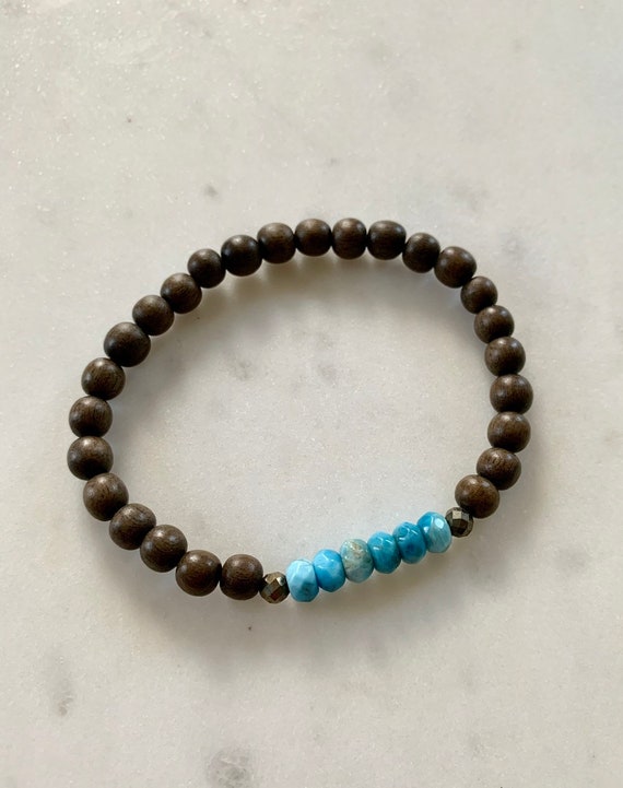 Faceted APATITE Healing Beaded Bracelet w/ Gray Wood Beads/ Statement Bracelet/ Stacking Bracelet/ Healing Bracelet/ Throat Chakra/ Apatite