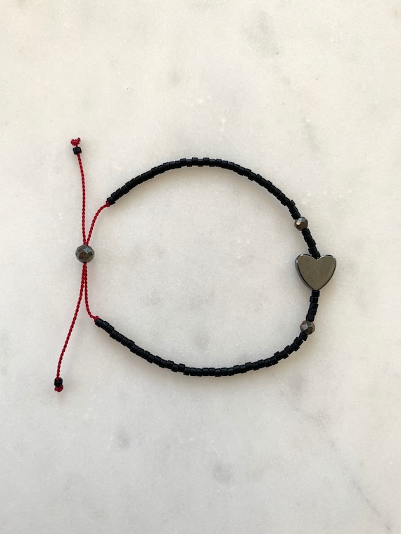 Goddess Bracelet>> HEMATITE HEART + PYRITE Healing Beads w/Matte Black Glass Beads/ Adjustable Nylon Bracelet// Heart Bracelet