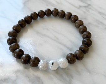 Polished Rainbow MOONSTONE Healing Bracelet w/Gray Wood/ B.J.B.A./MEN'S Bracelet/ Healing Bracelet/Unisex/ Men’s Fashion/ JUNE Birthstone