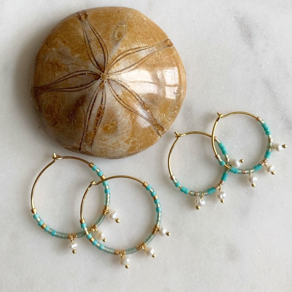 Turquoise + Gold Glass Beaded + Dangle PEARL Gold Vermeil Sterling Silver HOOP Earrings Hoop Earrings/ Trendy Hoops/ Beaded Earrings/ Pearls