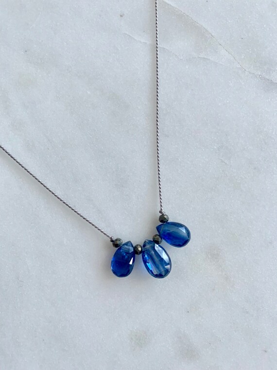 Stunning Quality KYANITE Trio Gem Drop HEALING Necklace w/Polished Drop Beads + Pyrite on Sturdy Cord// LAYERING Necklace// Healing Necklace