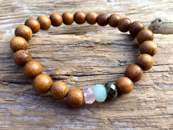 STRESS/ANXIETY RELIEF ~Positive Mantra Bracelet~ Wooden Bracelet w/ Semi-Precious Healing Stones <<Amazonite, Pyrite, and Rose Quartz>>