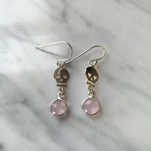 Sugar SKULL + ROSE QUARTZ Day of the Dead Earrings// Sterling Silver Earrings// Rose Quartz// Dia de los Muertos// Sugar Skull Jewelry