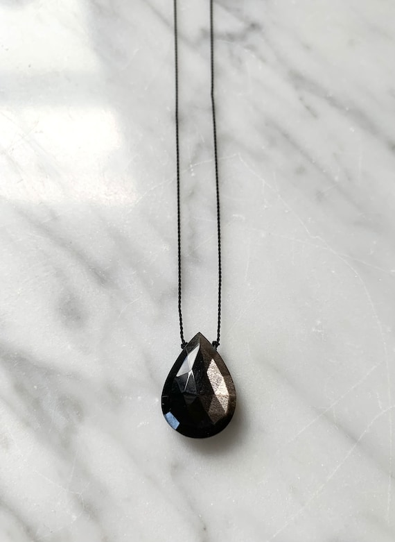 Shiny Black MOONSTONE Gem Drop HEALING Necklace on Nylon Cord/ Layering Necklace/ Healing Necklace/ June BIRTHSTONE Jewelry/ Black Moonstone