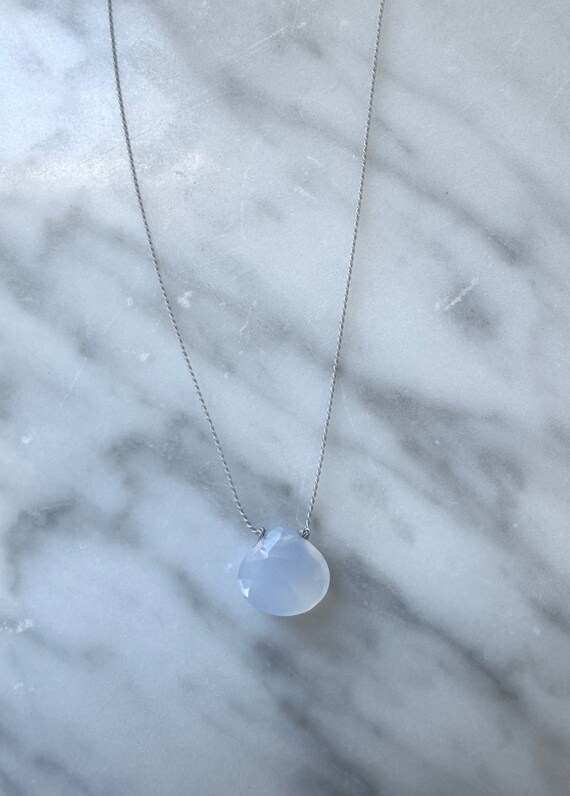 Blue Chalcedony GEM DROP Healing NECKLACE w/ Faceted Briolette Bead on Silk Cord// Layering Necklace// Healing Necklace// Delicate Necklace