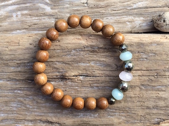 STRESS/ANXIETY RELIEF ~Positive Mantra Bracelet~ Wooden Bracelet w/ Semi-Precious Healing Stones <<Amazonite, Pyrite, and Rose Quartz>>