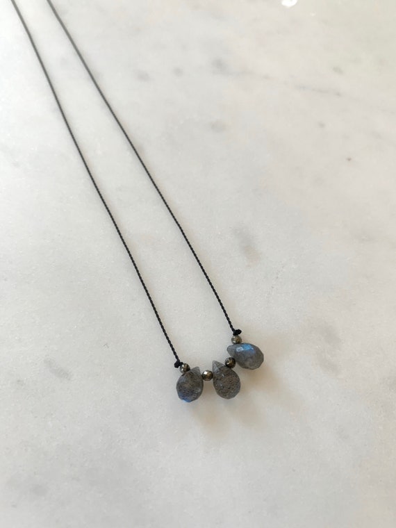 LABRADORITE Trio GEM Drop Healing NECKLACE w/Faceted Briolette + Pyrite Beads on Nylon Cord// Layering Necklace// Healing Necklace