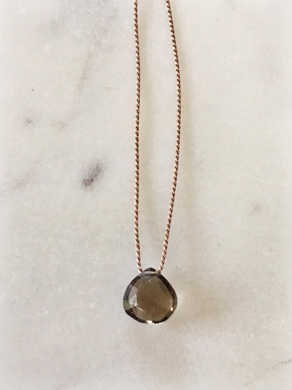 Smokey Quartz GEM DROP Healing NECKLACE with Faceted Briolette Bead on Silk Cord with Sterling Clasp// Layering Necklace// Healing Necklace