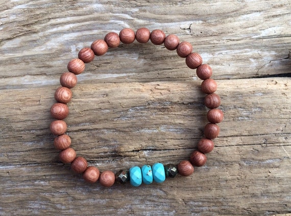 Rose Wood Beaded Bracelet with Faceted Blue Howlite and Faceted Pyrite Healing Beads// Stacking Bracelet// Positive Energy