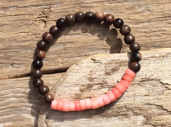 Genuine PINK CORAL Healing Bead w/ Tiger Ebony Wood// Beaded Bracelets// Stacking Bracelet// Nautical Bracelet// Statement Bracelet// Coral