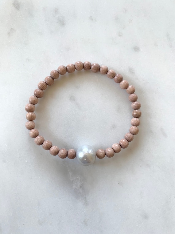 Beautiful Fresh Water PEARL Healing Beads w/ Rose Wood Beaded Bracelet// Statement Bracelet// Birthstone Jewelry// JUNE Birthstone// Pearls