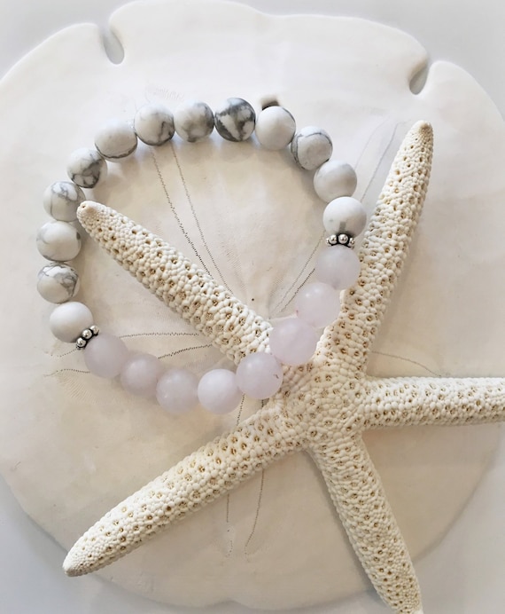 Frosted White HOWLITE Beaded Bracelet with Frosted ROSE QUARTZ Healing Beads//Sterling Silver Accent Beads// Healing Bracelet