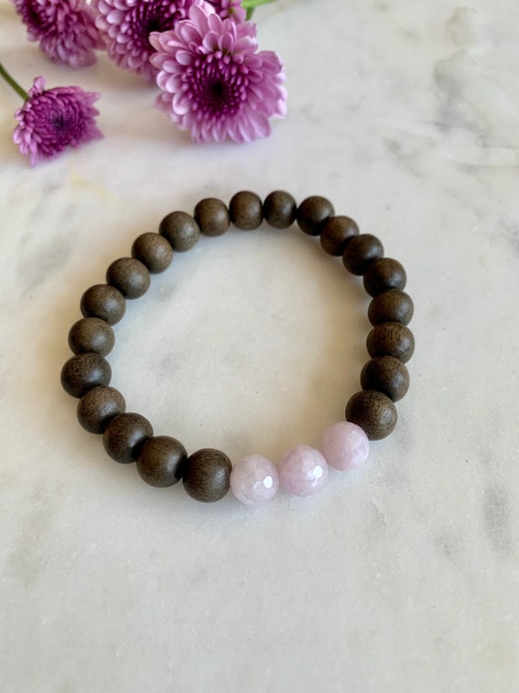 Beautiful Faceted KUNZITE Healing Beads w/Gray Wood Beaded Bracelet/ Stacking Bracelet// Statement Bracelet/ Healing Crystals// Love Stones