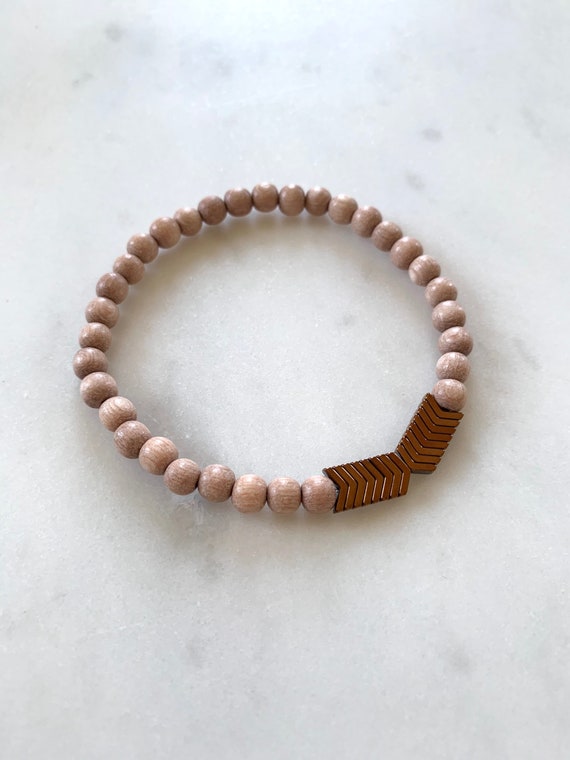 Matte Chevron HEMATITE Healing Beaded Bracelet w/ Rose Wood Beads// Healing Bracelet// Stacking Bracelet// Grounding Stone