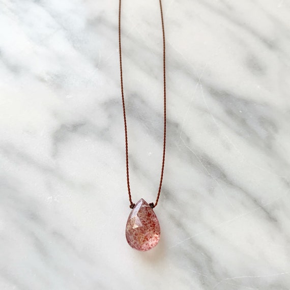 STRAWBERRY QUARTZ Gem Drop HEALING Necklace w/Faceted Strawberry Quartz Briolette Bead on Sturdy Cord w/Sterling Clasp// Layering Necklace