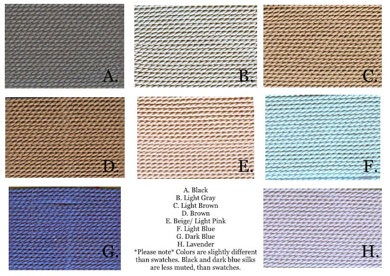 May include: Color swatches of different shades of silk fabric, including black, light gray, light brown, brown, beige, light pink, light blue, dark blue, and lavender. The swatches are arranged in a grid with letters A through H labeling each swatch.
