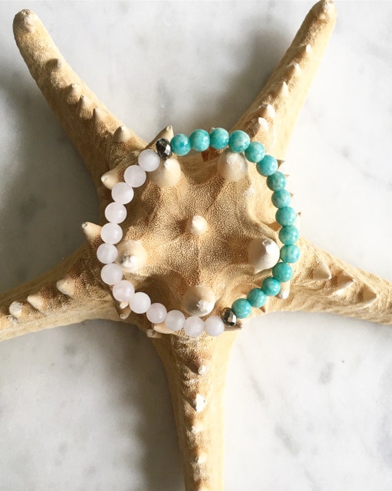 STRESS/ANXIETY RELIEF ~Positive Mantra Bracelet~ Statement Bracelet w/ Semi-Precious Healing Stones <<Amazonite, Pyrite, and Rose Quartz>>