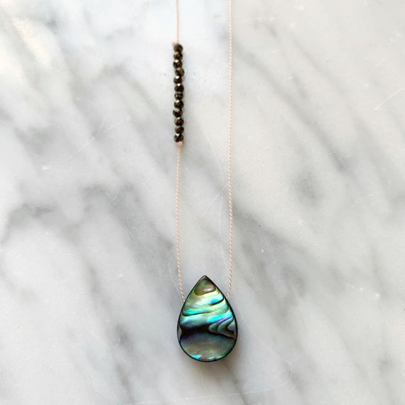 ABALONE Shell + Pyrite Gem Drop HEALING Necklace on Sturdy Cord w/Sterling Clasp// Layering Necklace// Healing Necklace// Mermaid Style