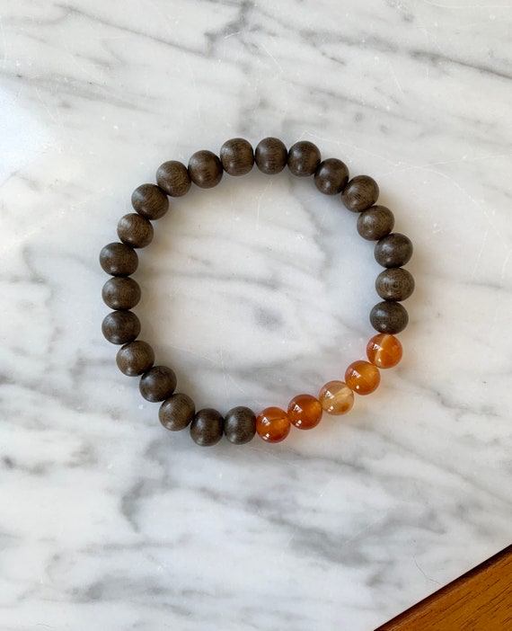 Polished CARNELIAN Healing Bracelet w/Gray Wood Bead// Healing Bracelet//B.J.B.A.// MEN'S Jewelry// UNISEX Bracelet// Grounding Jewelry