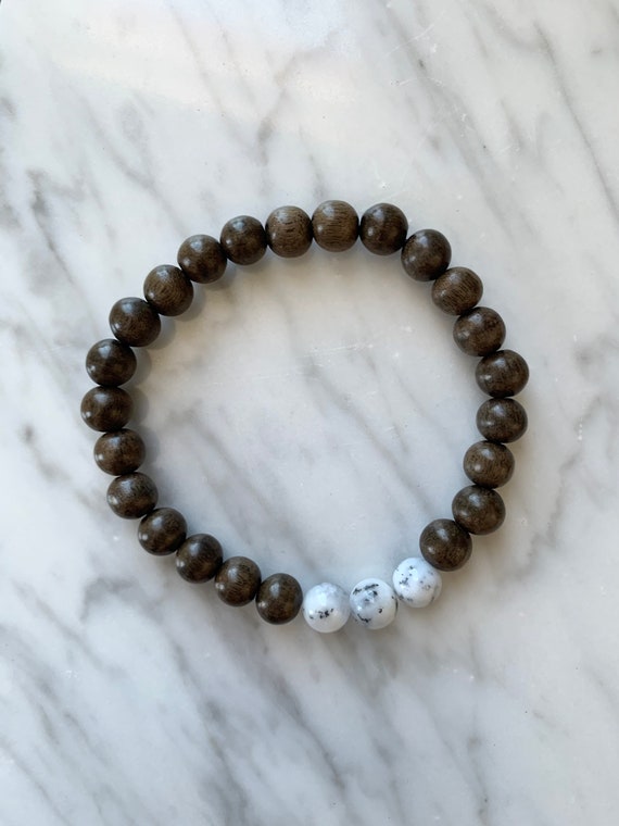 Polished DENDRITIC OPAL Healing Bracelet w/Gray Wood Beads/ B.J.B.A./ MEN'S Bracelet/ Healing Bracelet/ Unisex Bracelet/ October Birthstone