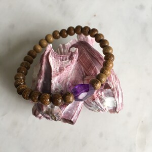 Wood Beaded Bracelet w/ Beautiful Faceted AMETHYST Healing Beads// Stacking Statement Bracelet// Healing Crystals// February Birthstone
