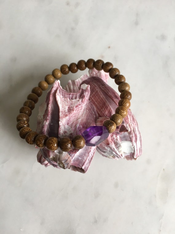 Wood Beaded Bracelet w/ Beautiful Faceted AMETHYST Healing Beads// Stacking Statement Bracelet// Healing Crystals// February Birthstone