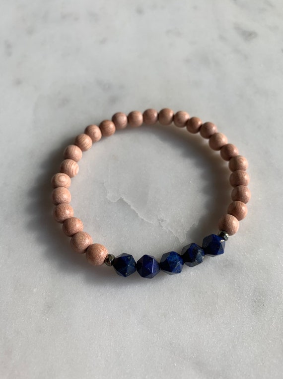 Beautiful Geometric LAPIS LAZULI + Faceted PYRITE Healing Beads w/Rose Wood Beaded Bracelet// Stacking Bracelet// Statement Bracelet// Lapis