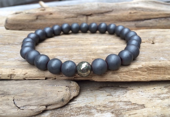 Frosted Hematite Beaded Bracelet with Polished or Faceted Pyrite Healing Bead// B.J.B.A.// MEN'S BRACELET// Healing Bracelet/Unisex Bracelet