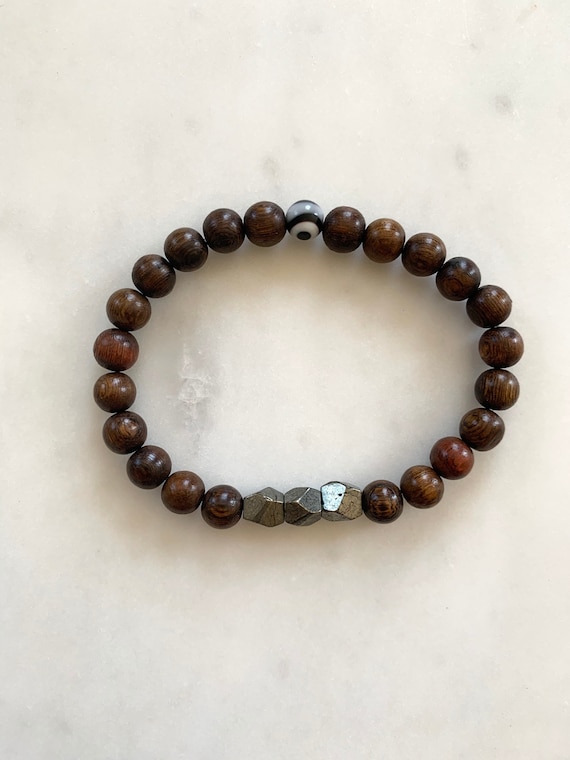 Geometric PYRITE + EVIL EYE Healing Bracelet w/ Tiger Ebony Wood Beads/ B.J.B.A.// Men’s Bracelet/ Healing Bracelet// Unisex Bracelet