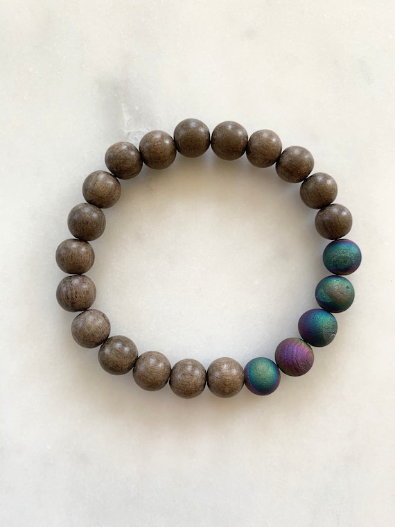 Beautiful Frosted Titanium Rainbow AGATE Healing Beads w/Gray Wood Beaded Bracelet// Stacking Bracelet// Statement Bracelet// Chakra Healing