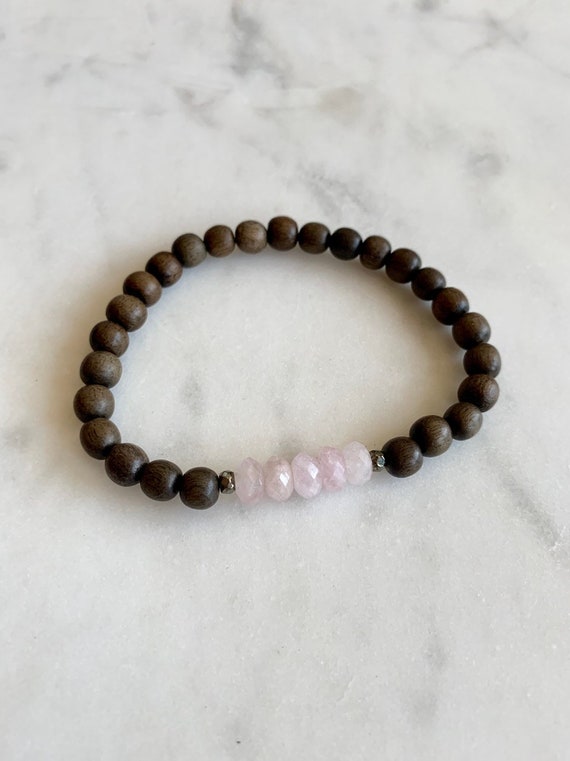 Beautiful Faceted MORGANITE + Pyrite Healing Beads w/Gray Wood Beaded Bracelet/ Statement Bracelet/ Healing Bracelet/ Love Stone// Morganite