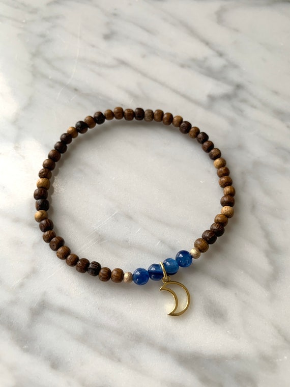 Stunner Collection> Beautiful KYANITE Healing Beads + Gold Vermeil MOON Charm w/Robles Wood Beads// Healing Bracelet// Charm Bracelet// Luna