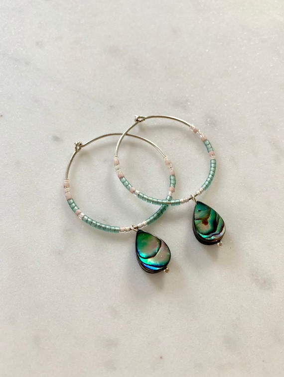 Teal + Pink Glass Beaded + Dangle ABALONE Shell Sterling Silver HOOP Earrings/ Earrings// Hoops/ Trendy Hoops// Beaded Earrings/ Nautical