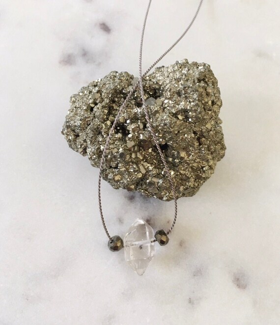 Tibetan Quartz and Pyrite GEM DROP Healing NECKLACE with Faceted Beads on Silk Cord// Layering Necklace// Delicate Jewelry// Quartz Necklace