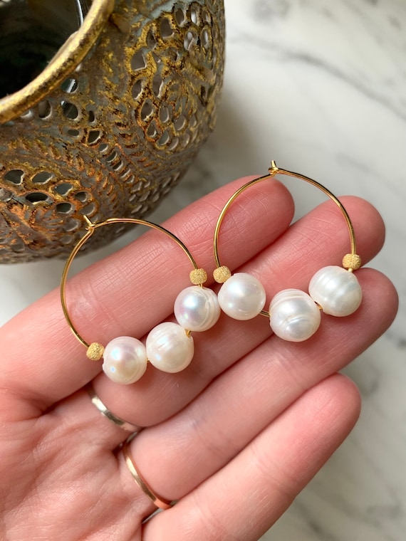 PEARL w/ Gold Vermeil Stardust Beads + Gold Plated Hoop Earrings/ Hoops/ Trendy Hoops// Beaded Earrings/ Nautical// JUNE Birthstone