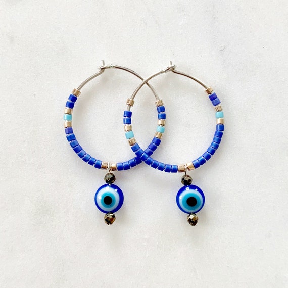 EVIL EYE + Egyptian Blue Glass + Pyrite Beaded Sterling Silver HOOP Earrings// Earrings/ Hoop Earrings/ Trendy Hoops/ Evil Eye Jewelry