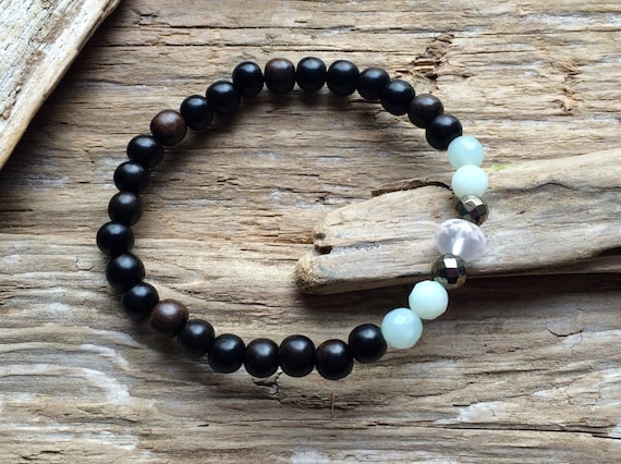 STRESS/ANXIETY RELIEF ~Positive Mantra Bracelet~ Wooden Bracelet w/ Semi-Precious Healing Stones <<Amazonite, Pyrite, and Rose Quartz>>