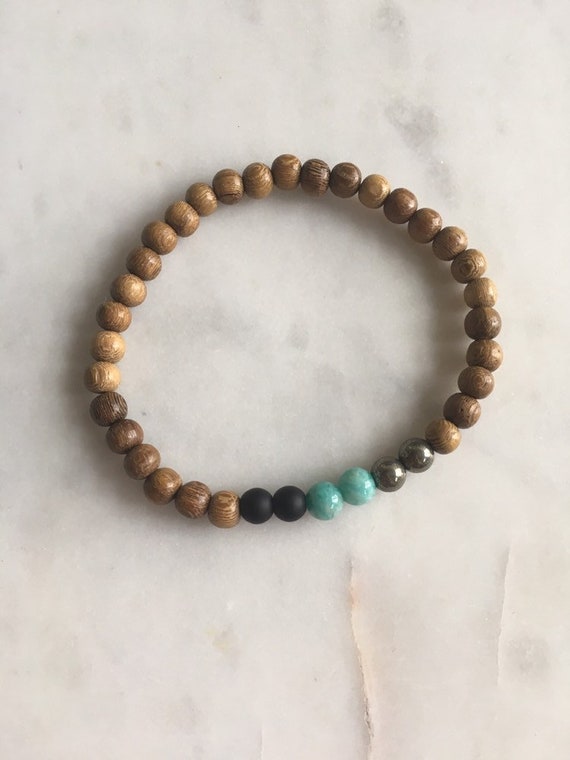 STRESS/ANXIETY RELIEF ~Positive Mantra Bracelet~ Wooden Bracelet w/ Semi-Precious Healing Stones <<Amazonite, Onyx + Pyrite>> Mens Bracelet